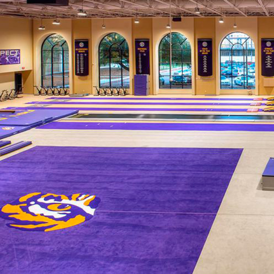 Large indoor gym with new flooring installation, purple and gold mats, Tiger logo, wall banners, and large windows overlooking trees and parked cars.