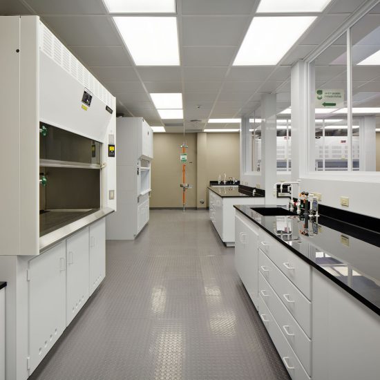 Modern laboratory with white cabinets, black countertops, fume hoods, and durable floors by a commercial flooring company; clean and organized space.