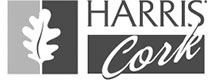 Harris Cork logo with an oak leaf graphic, ideal for a commercial flooring company, and "Harris Cork" in bold and script fonts on the right.