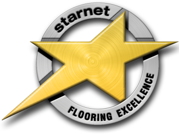 A gold star overlays a silver ring bearing "starnet FLOORING EXCELLENCE," honoring top new flooring installation companies.